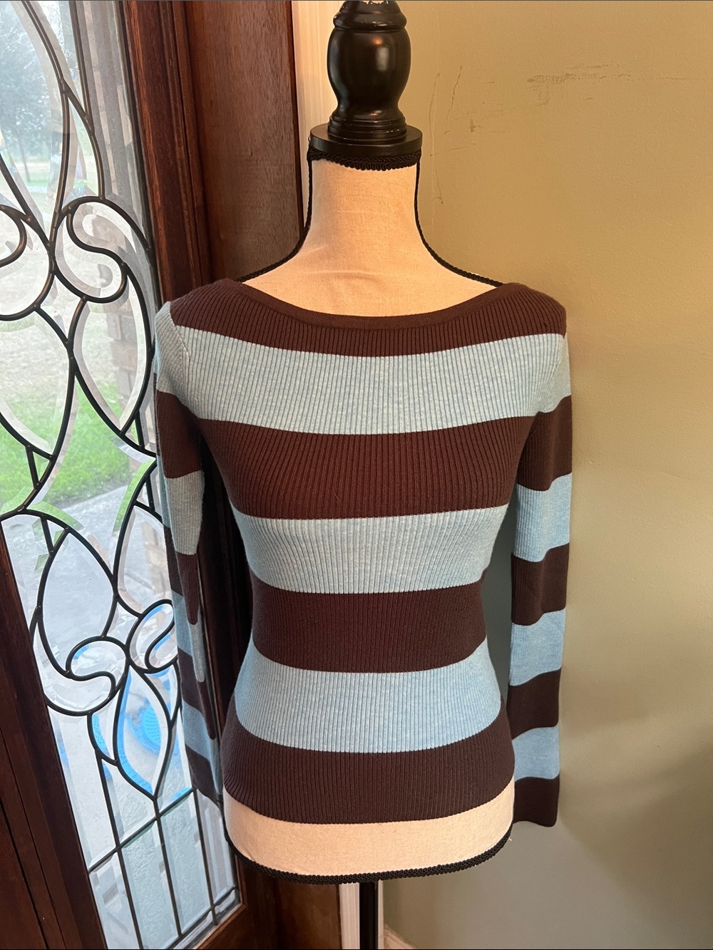 Pink Rose Off-the-Shoulder Striped Sweater - Light Blue & Brown